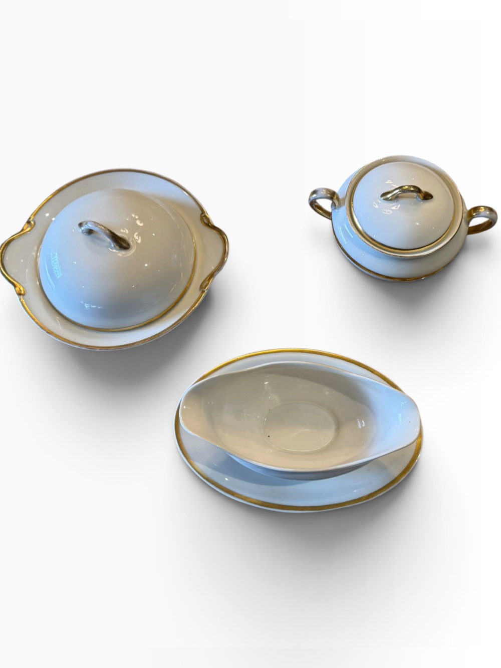Limoge Classic White Porcelain Serving Set with Gold Trim - Butter, Sugar &Gravy